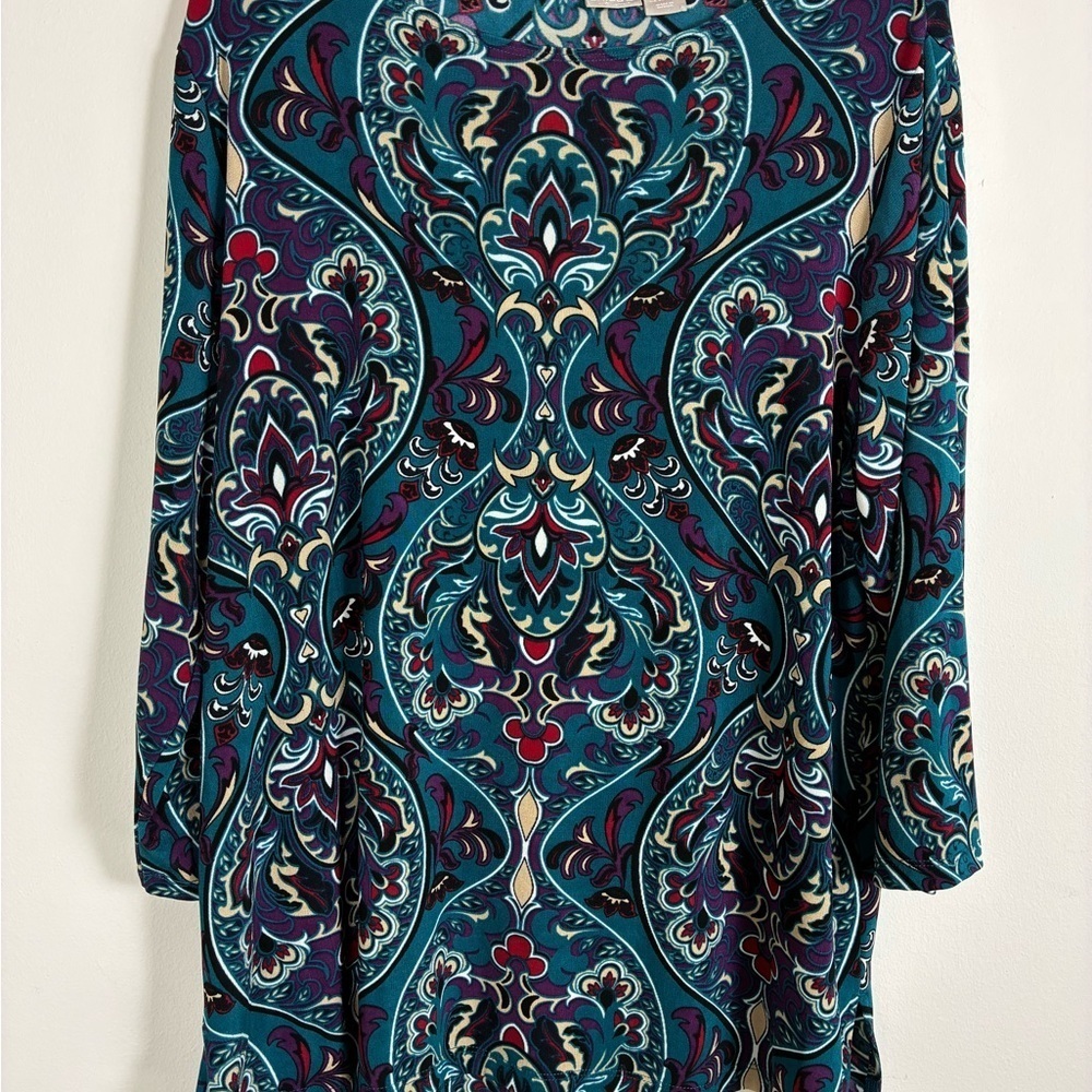 Chicos Travelers Top 3/XL Blue Paisley Tunic Wrinkle Free Flowy Stretch - Picture 8 of 9